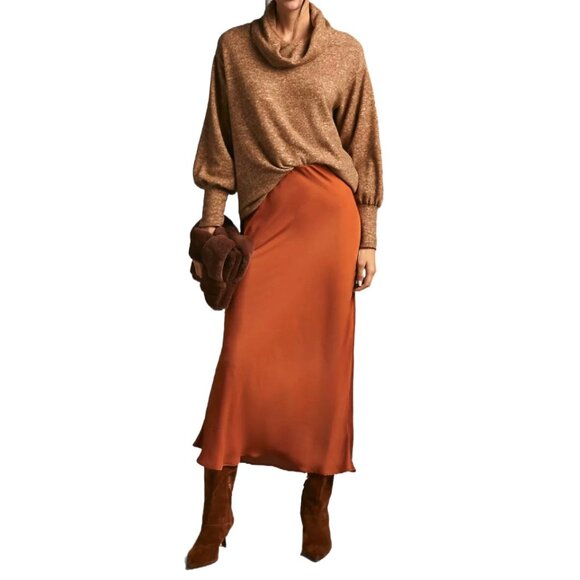 Maeve Anthropologie Soft Knit Cowl Neck Sweater Tan Bishop Sleeve Size L - Picture 1 of 16